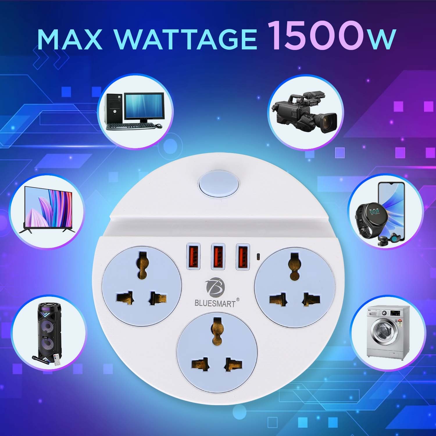 Extension Board with 3 Power Sockets & USB-A Ports