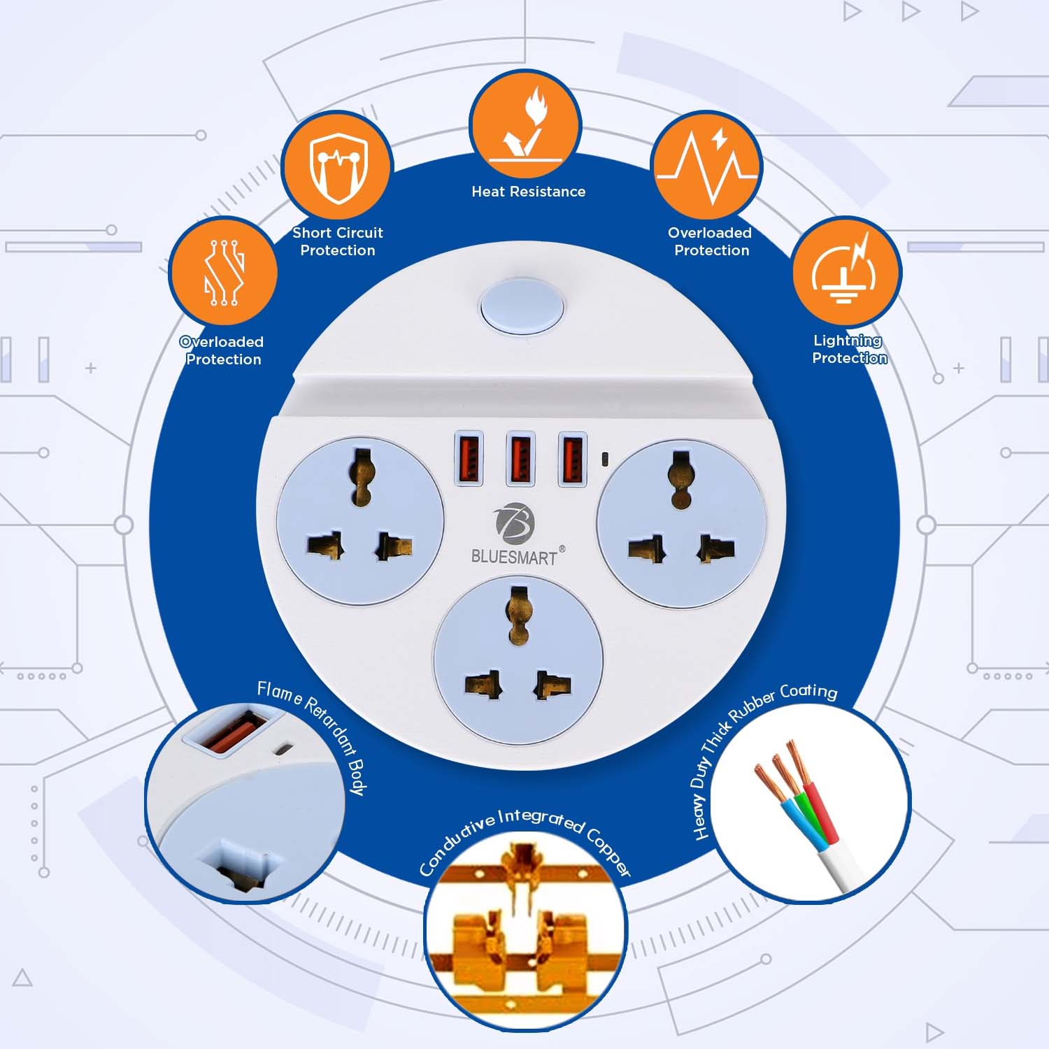 Extension Board with 3 Power Sockets & USB-A Ports