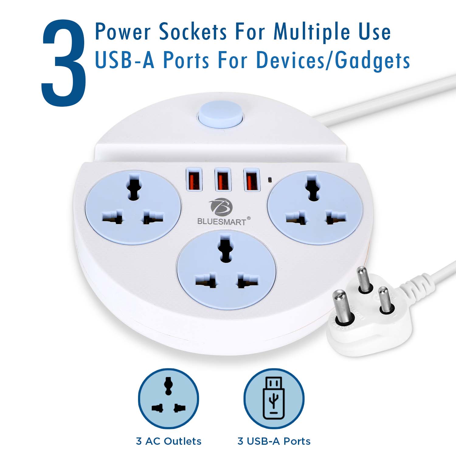 Extension Board with 3 Power Sockets & USB-A Ports