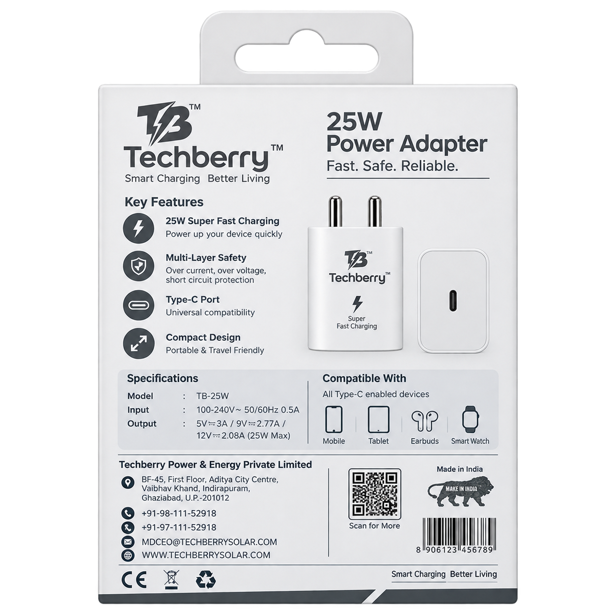 Techberry 25W USB Type-C Fast Charging Adapter with Data Cable