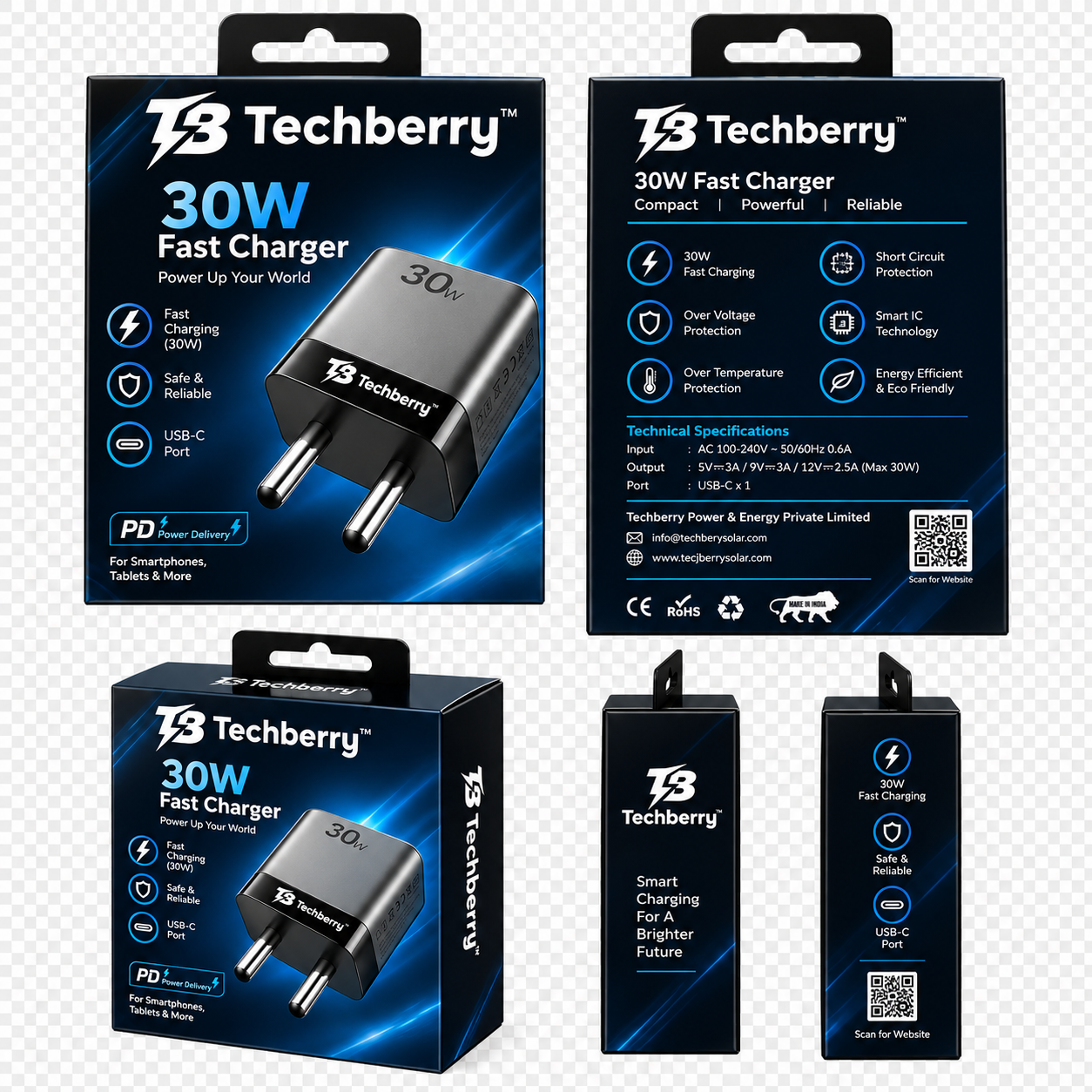 Techberry 30W GaN Fast Charger – Dual Port USB-C & USB-A, PD & QC Charging